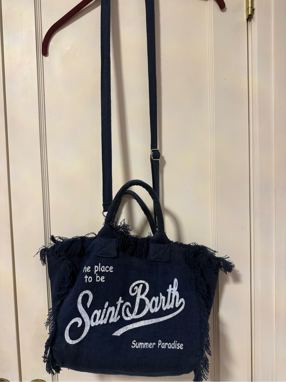 Saint Barth Navy Fringe Canvas Crossbody Tote - Summer Paradise
